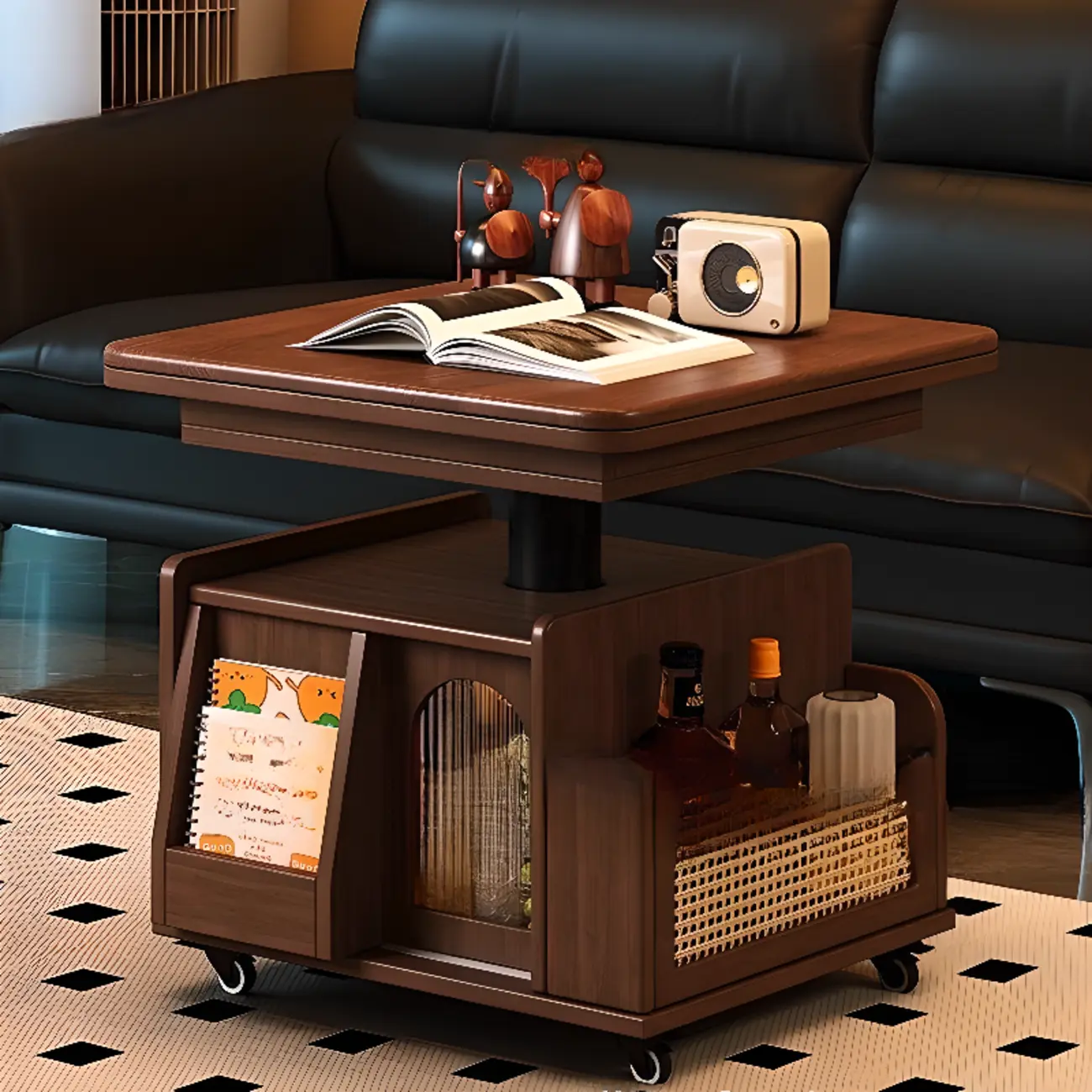 Multi-levelled Fold Away Chairside Table with Roller Wheels and Magazine Rack Image - 2 | homeyfad