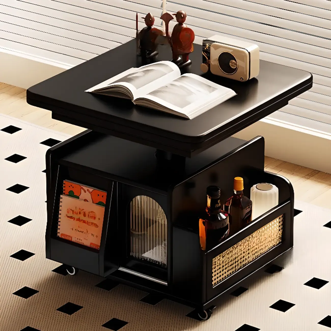 Multi-levelled Fold Away Chairside Table with Roller Wheels and Magazine Rack Image - 3