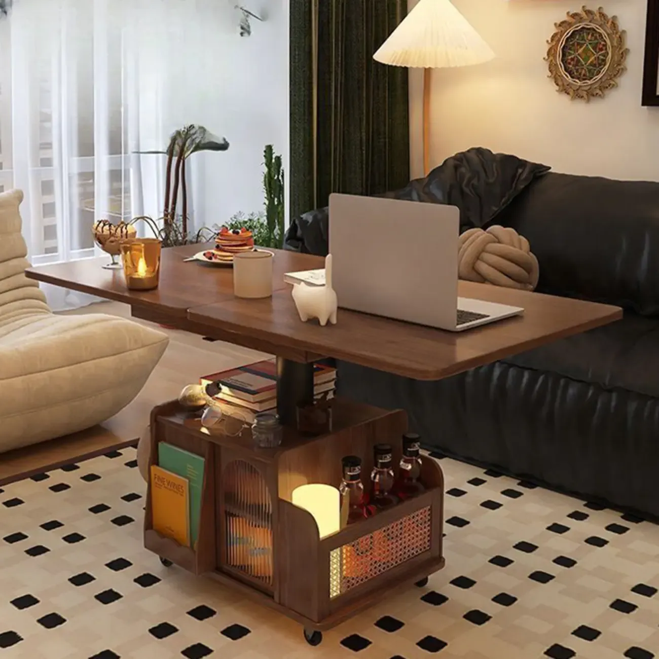 Multi-levelled Fold Away Chairside Table with Roller Wheels and Magazine Rack Image - 4