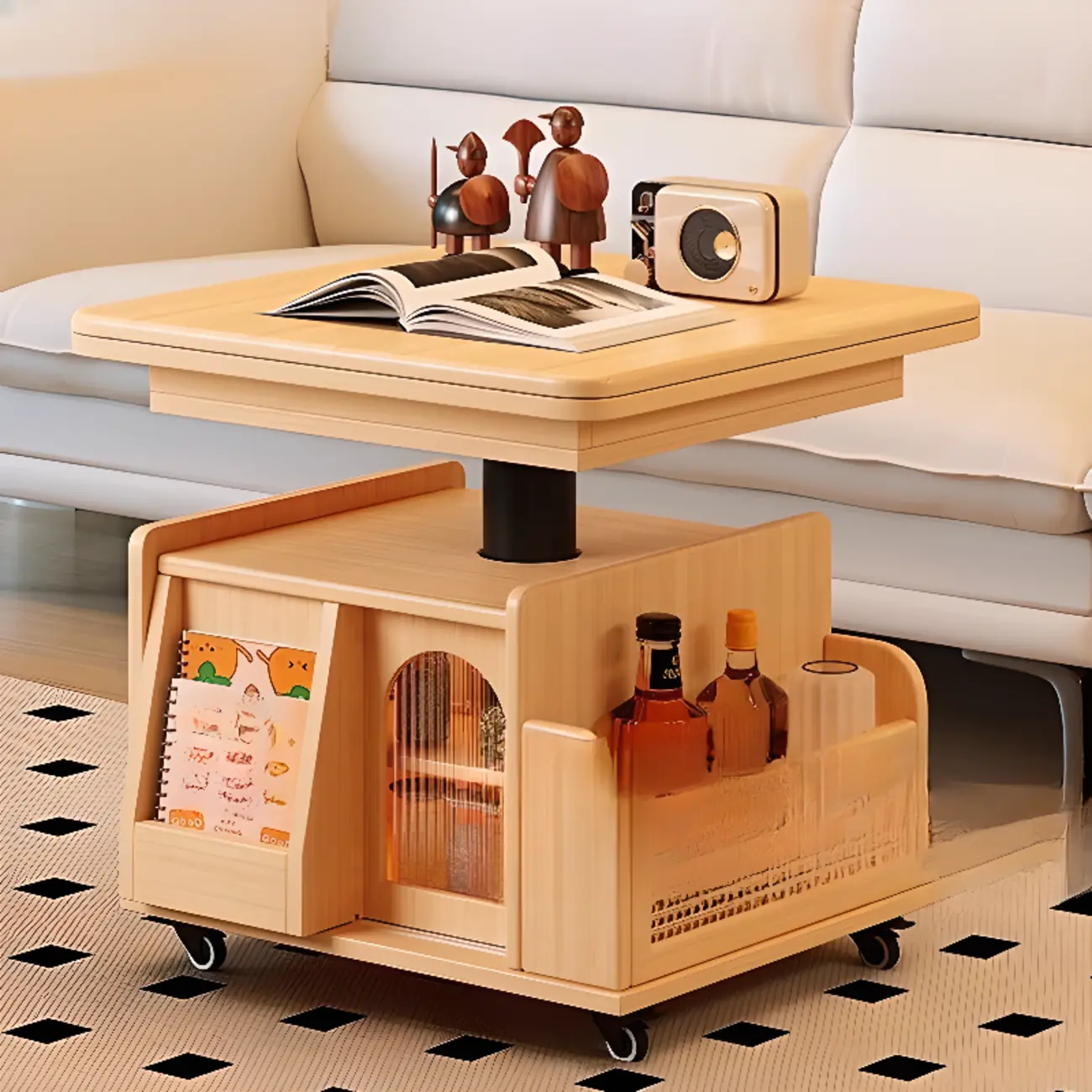 Multi-levelled Fold Away Chairside Table with Roller Wheels and Magazine Rack Image - 5 | homeyfad