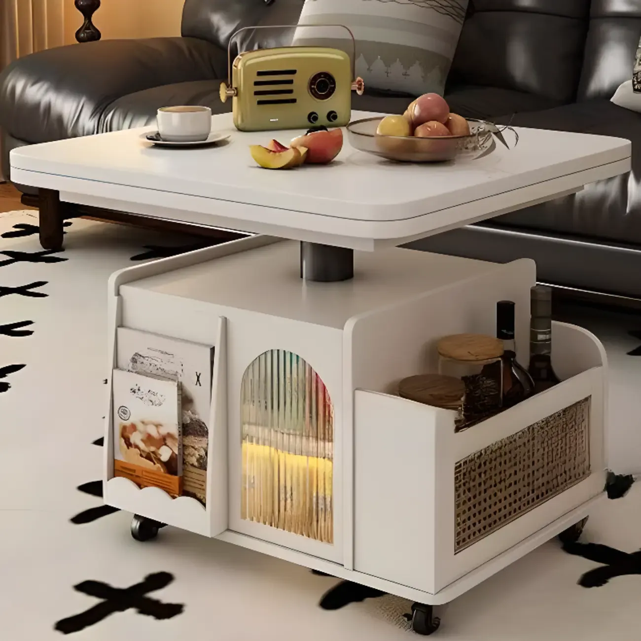 Multi-levelled Fold Away Chairside Table with Roller Wheels and Magazine Rack Image - 9