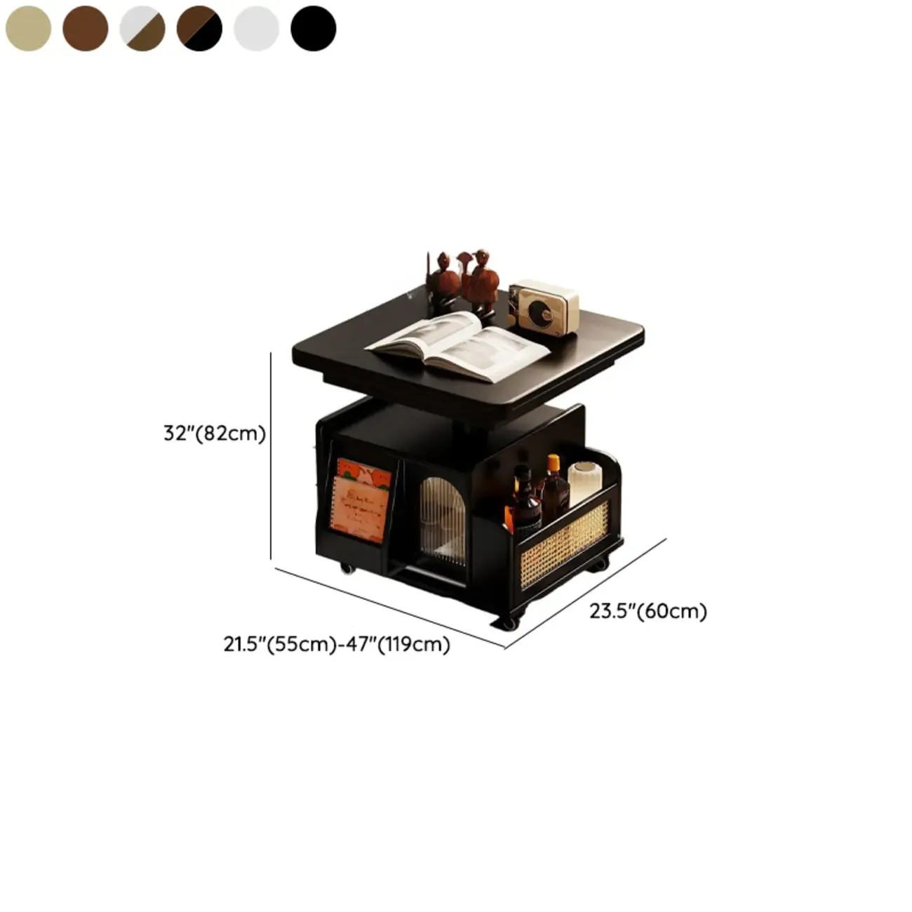 Multi-levelled Fold Away Chairside Table with Roller Wheels and Magazine Rack #size