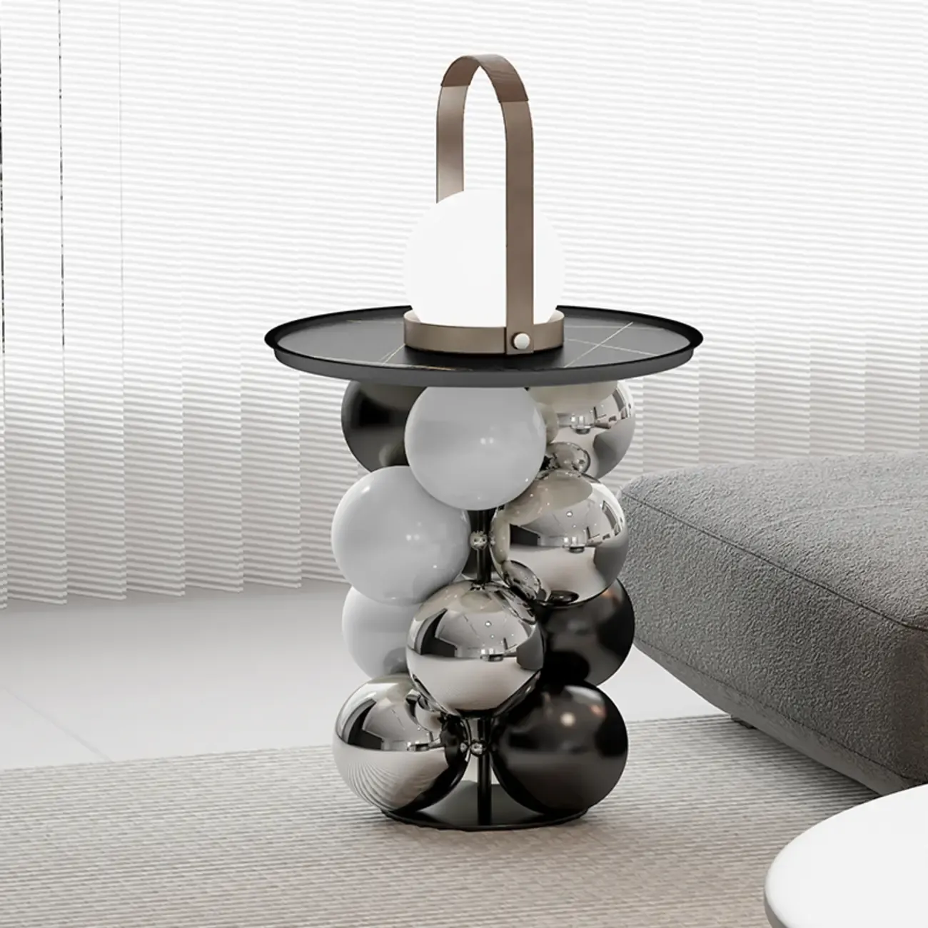 Modern Simple Style Chairside Table Only with Sintered Stone Top and Stump Base in Ink/White Orbicular with Tray Top Image - 1