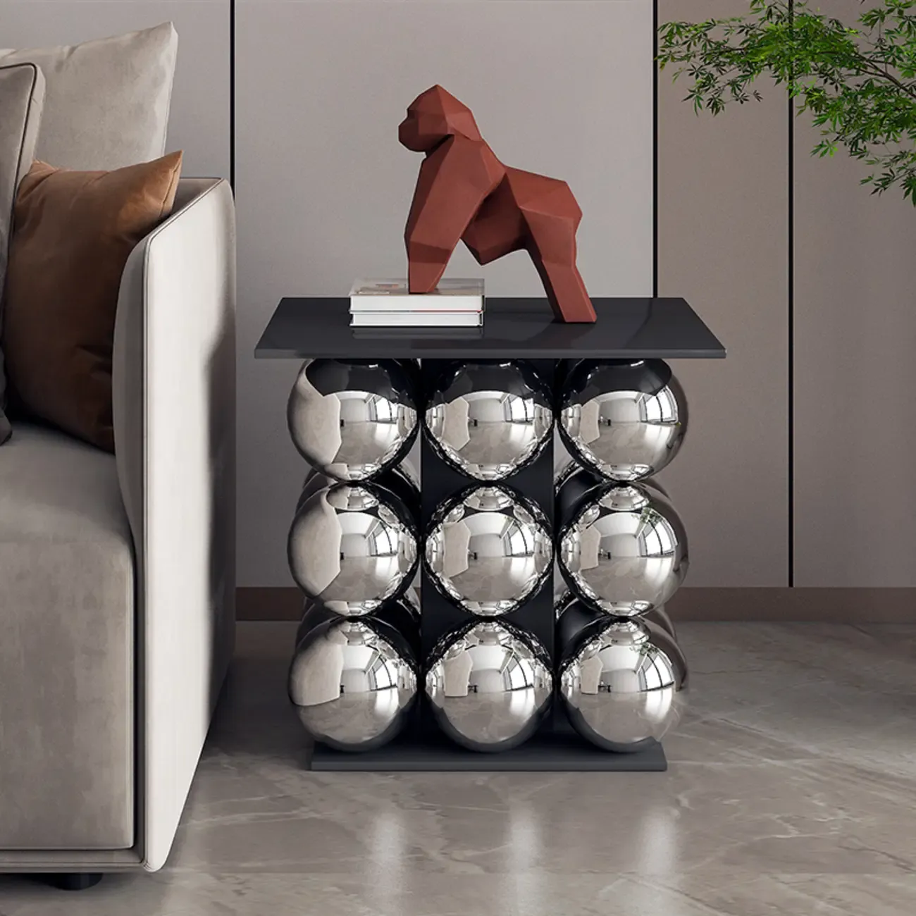 Modern Simple Style Chairside Table Only with Sintered Stone Top and Stump Base in Ink/White Orbicular with Tray Top Image - 2