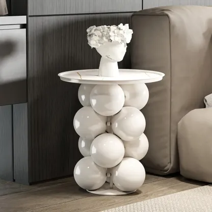 Modern Simple Style Chairside Table Only with Sintered Stone Top and Stump Base in Ink/White Orbicular with Tray Top Image - 4