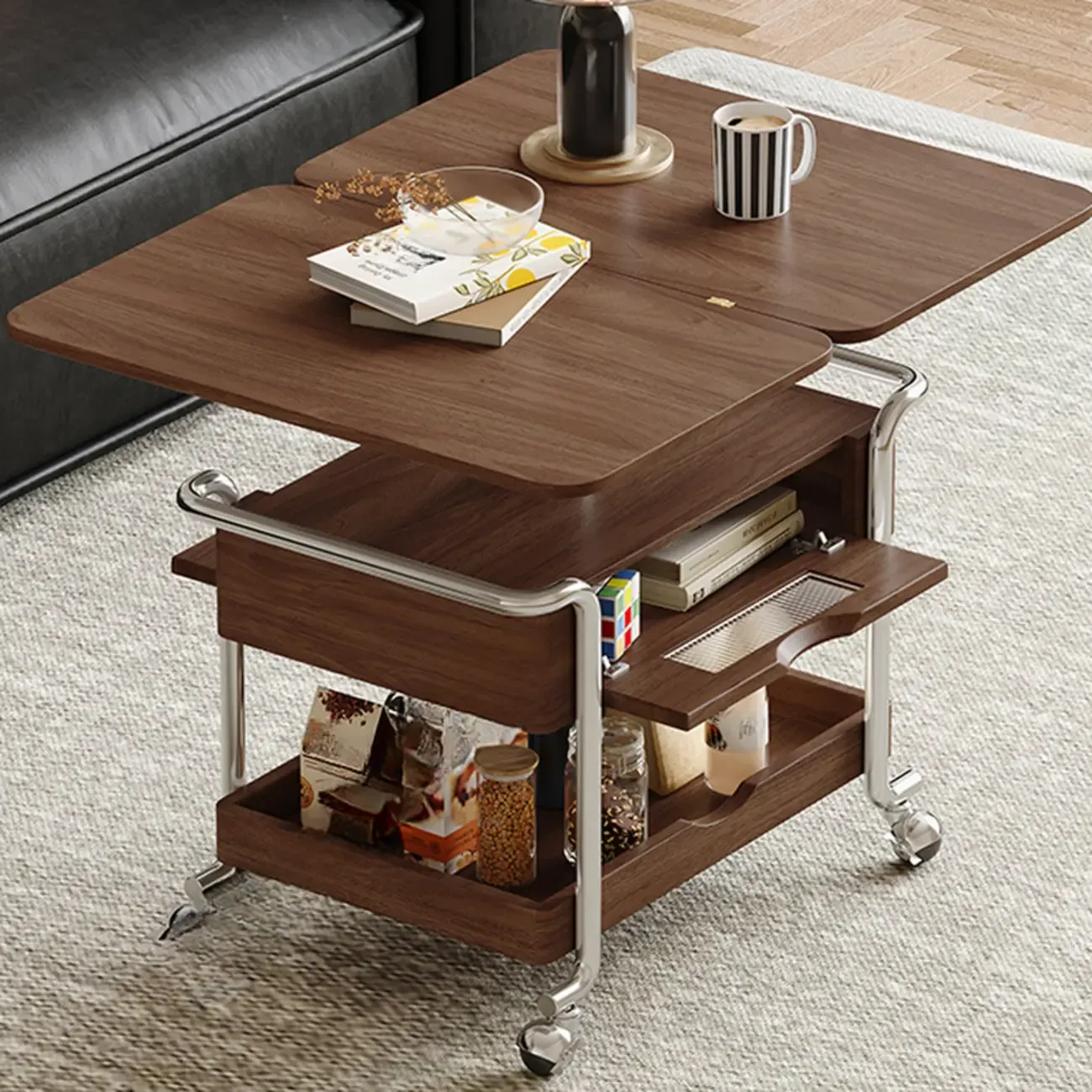 Old School Multi-levelled Fold Away Coffee Table with Roller Wheels Image - 3