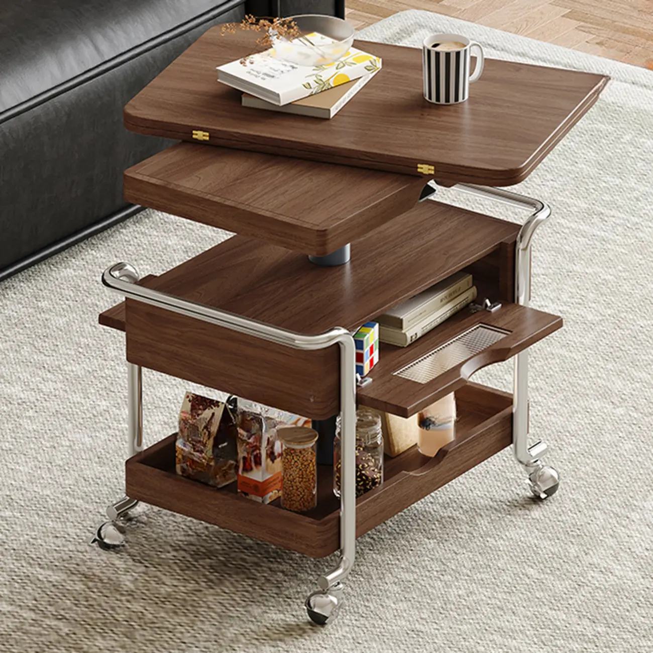 Old School Multi-levelled Fold Away Coffee Table with Roller Wheels Image - 4 | homeyfad