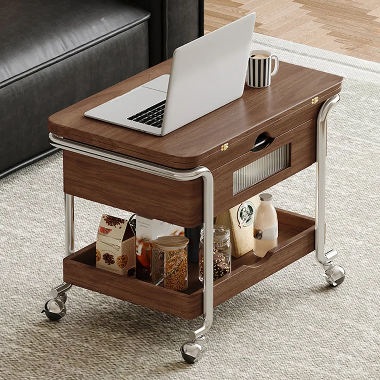 Old School Multi-levelled Fold Away Coffee Table with Roller Wheels Image - 5 | homeyfad