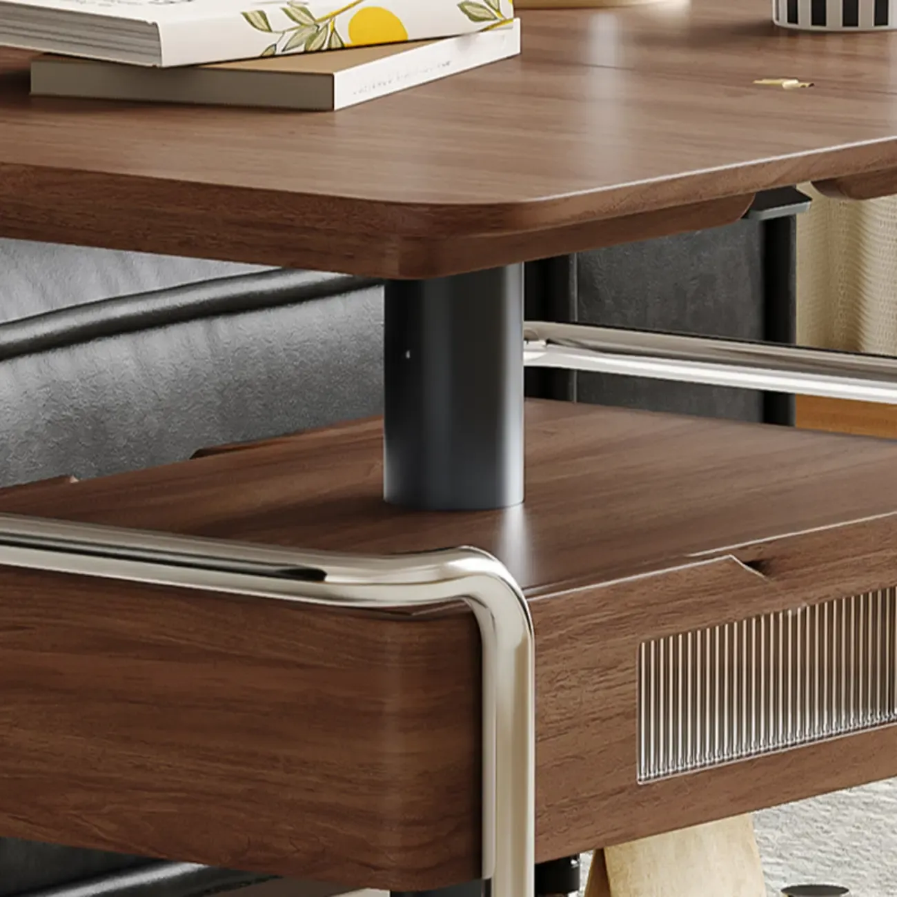 Old School Multi-levelled Fold Away Coffee Table with Roller Wheels Image - 6