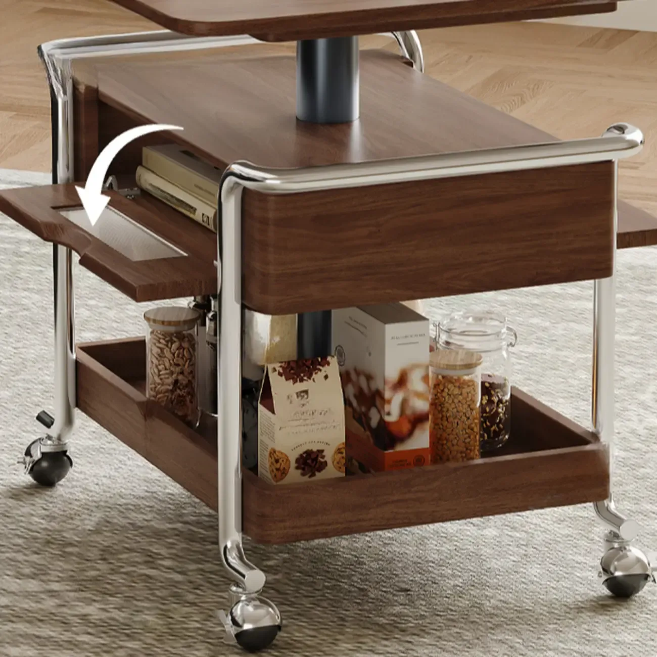 Old School Multi-levelled Fold Away Coffee Table with Roller Wheels Image - 7