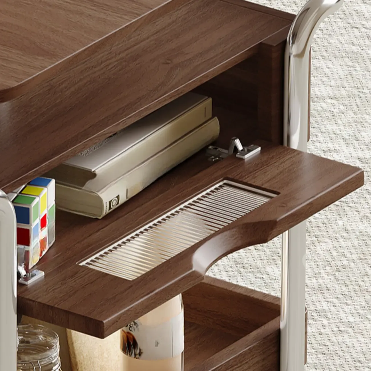 Old School Multi-levelled Fold Away Coffee Table with Roller Wheels Image - 8