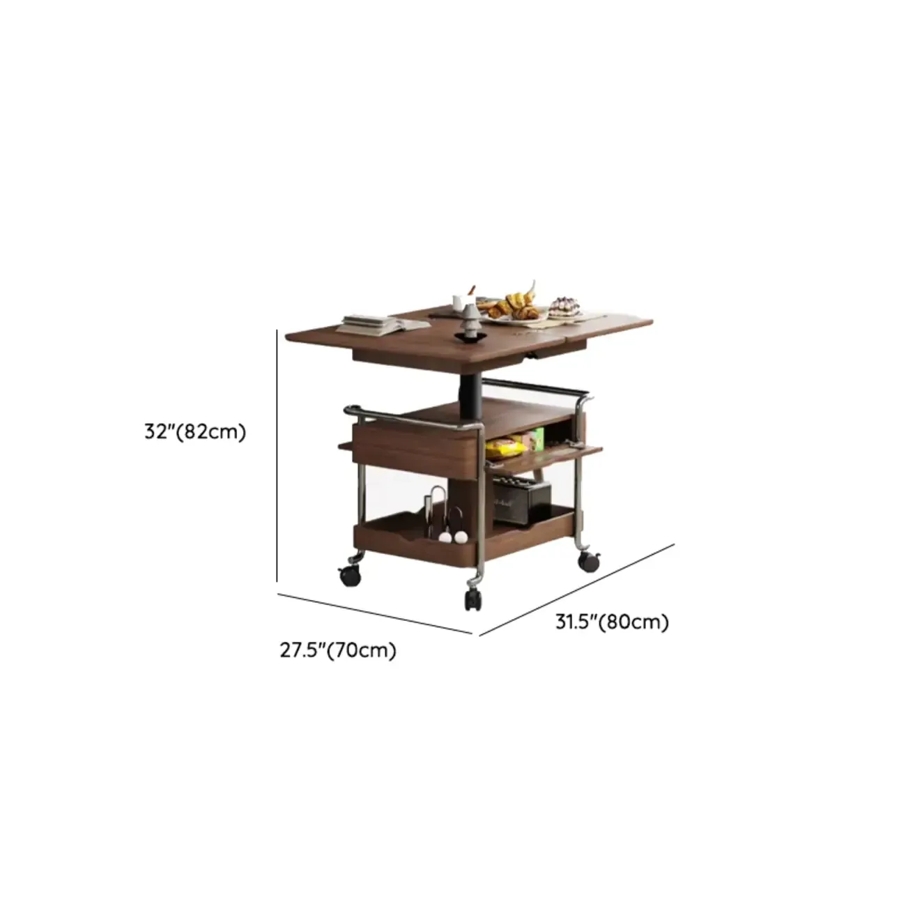 Old School Multi-levelled Fold Away Coffee Table with Roller Wheels #size