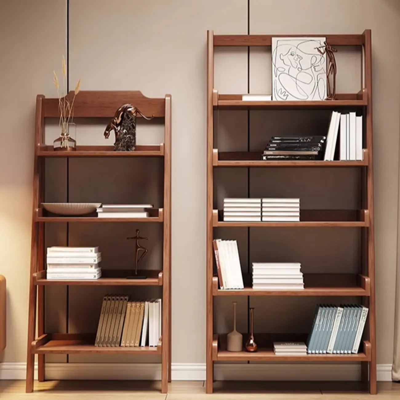 Mid-Century Modern Walnut Wood Multi-tier Ladder Bookshelves Image - 1 | homeyfad