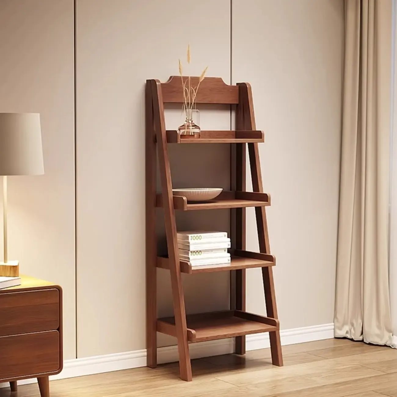 Mid-Century Modern Walnut Wood Multi-tier Ladder Bookshelves Image - 7