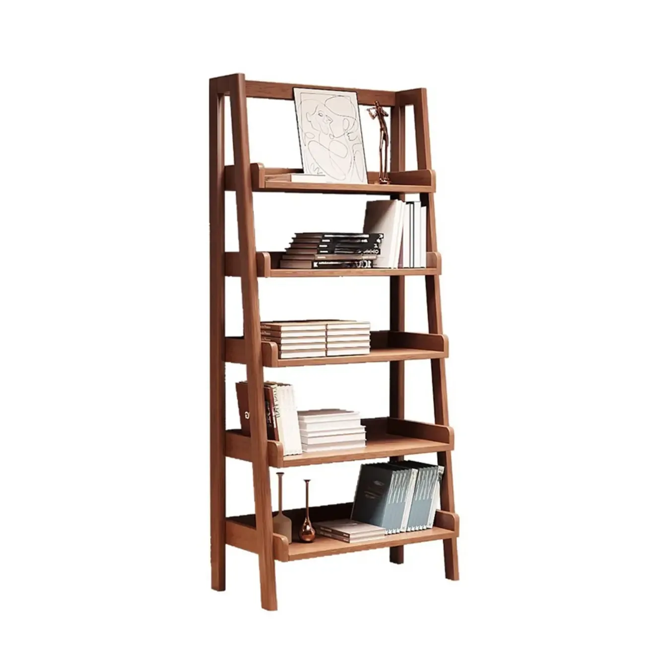 Mid-Century Modern Walnut Wood Multi-tier Ladder Bookshelves Image - 10