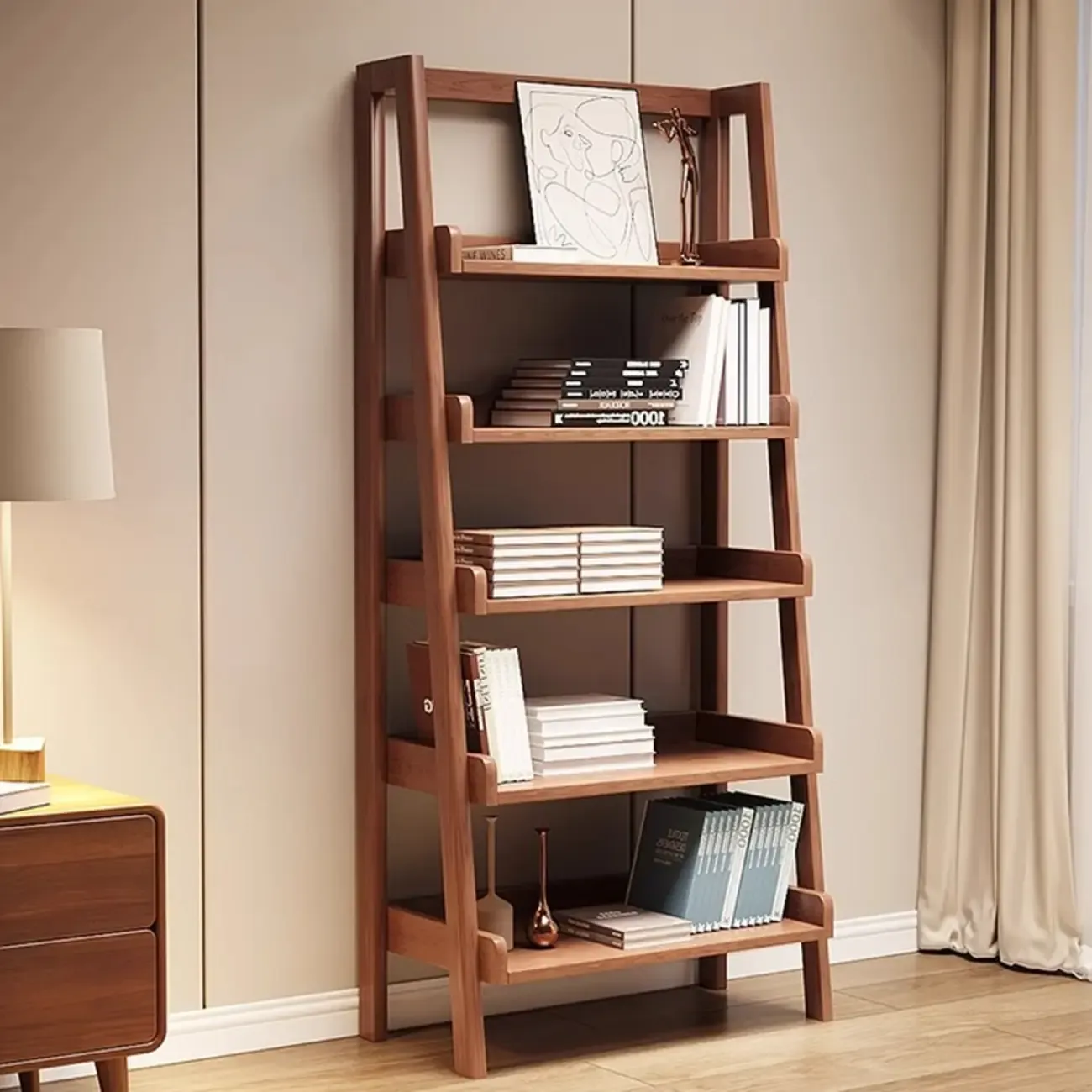 Mid-Century Modern Walnut Wood Multi-tier Ladder Bookshelves Image - 11