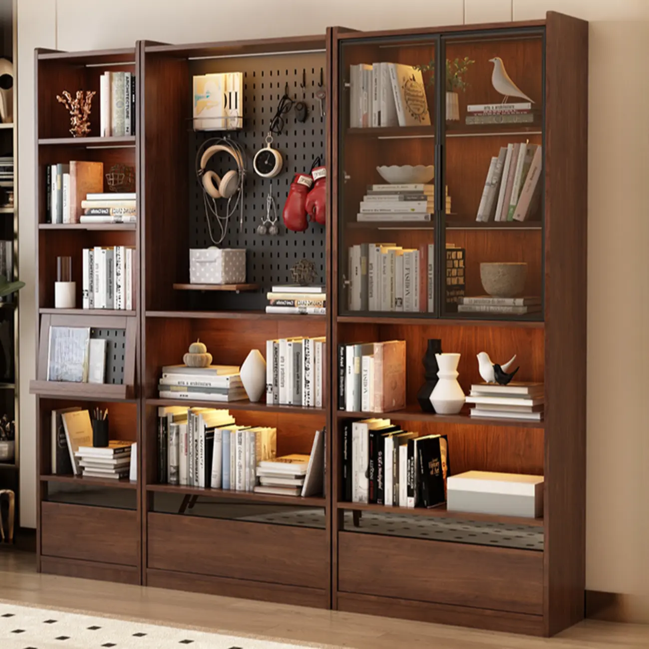 Mid Centyury Tall Brown Vertical Wood Bookcase with Drawers Image - 1 | homeyfad