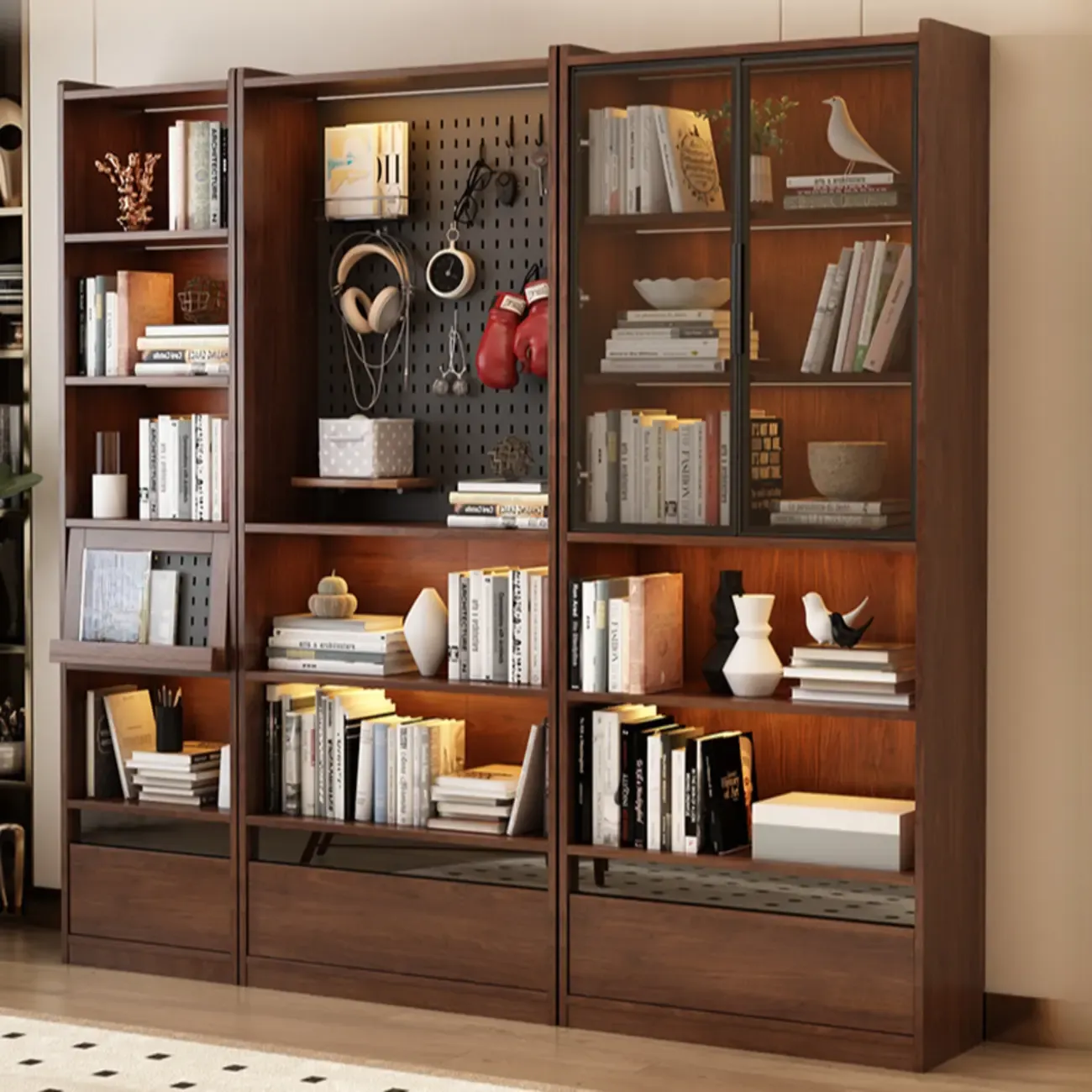 Mid Centyury Tall Brown Vertical Wood Bookcase with Drawers Image - 1