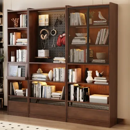 Mid Centyury Tall Brown Vertical Wood Bookcase with Drawers Image - 1
