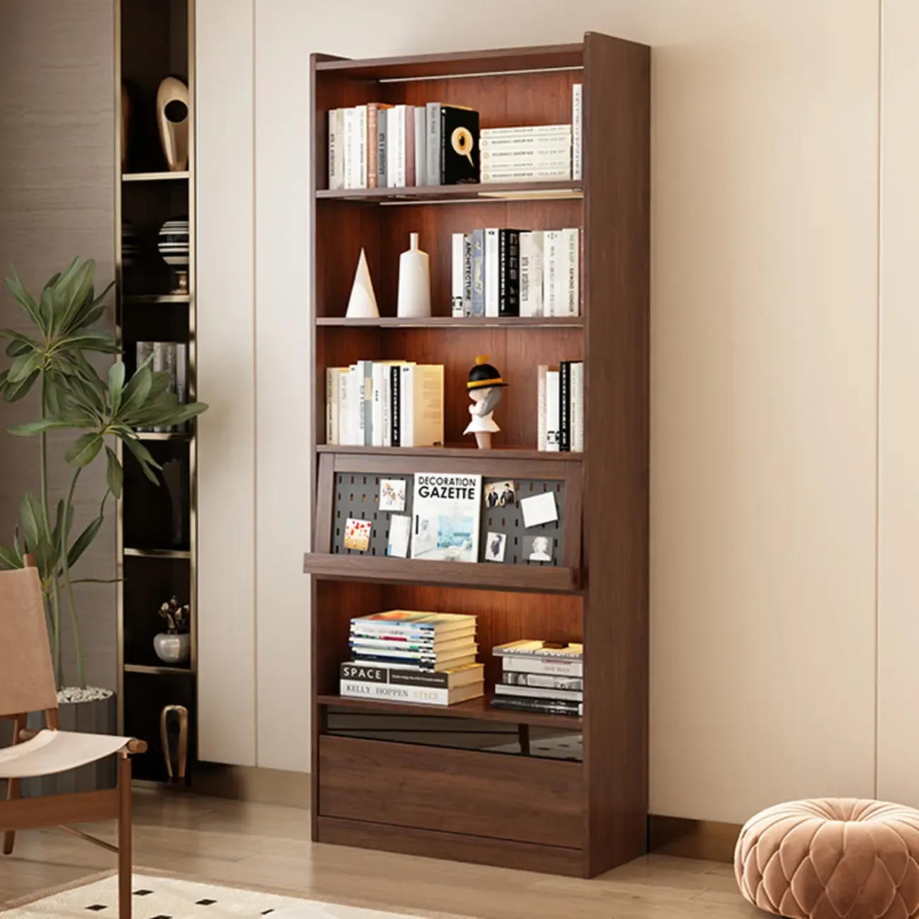 Mid Centyury Tall Brown Vertical Wood Bookcase with Drawers Image - 2