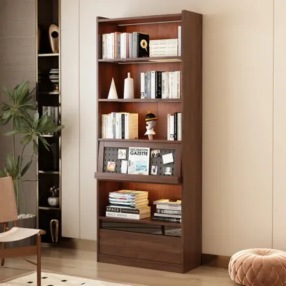 Mid Centyury Tall Brown Vertical Wood Bookcase with Drawers Image - 2