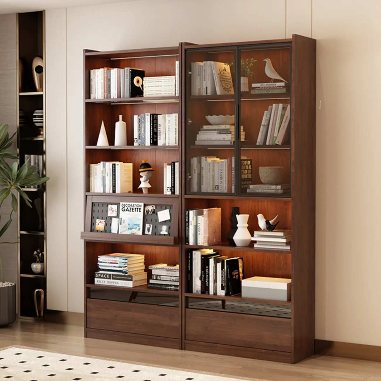 Mid Centyury Tall Brown Vertical Wood Bookcase with Drawers Image - 3 | homeyfad