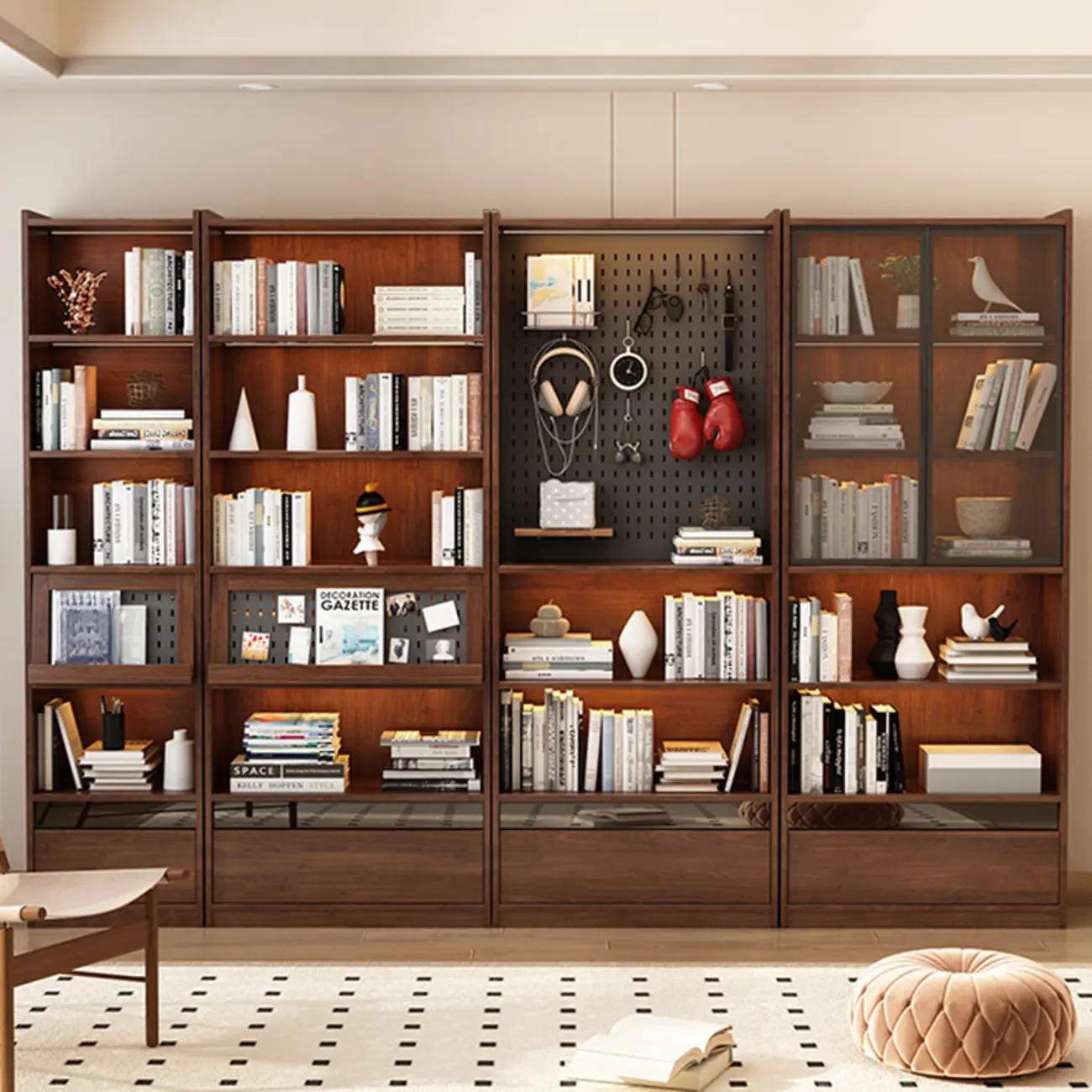 Mid Centyury Tall Brown Vertical Wood Bookcase with Drawers Image - 4 | homeyfad