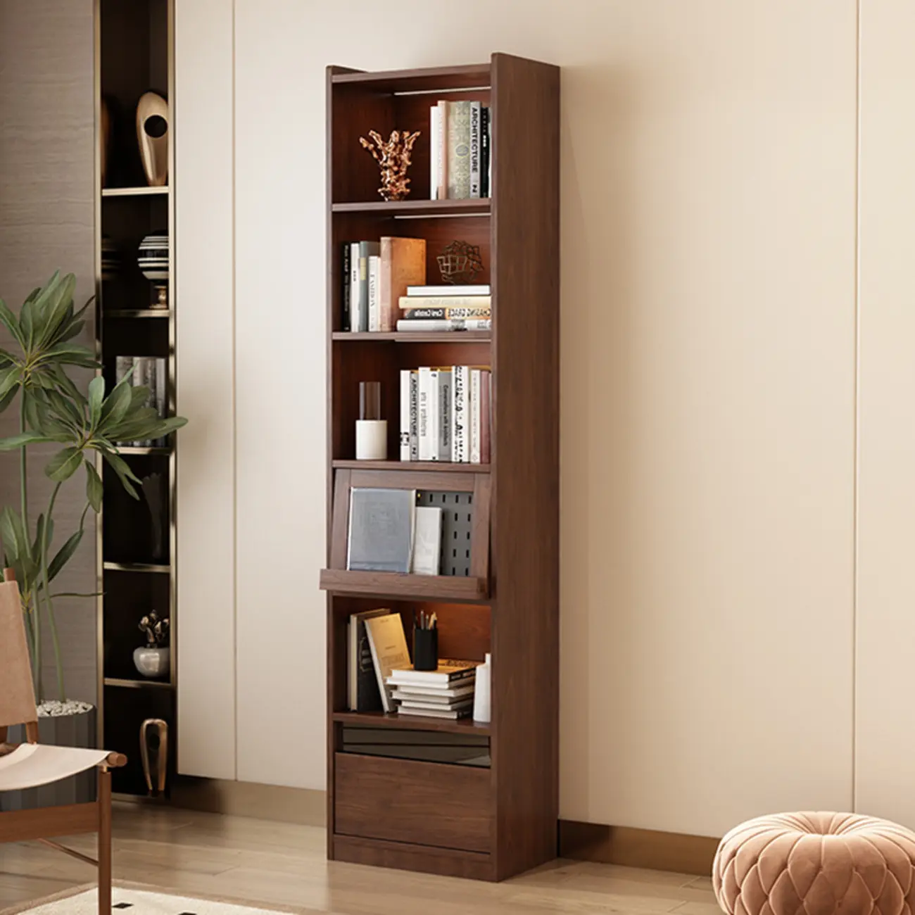 Mid Centyury Tall Brown Vertical Wood Bookcase with Drawers Image - 5 | homeyfad