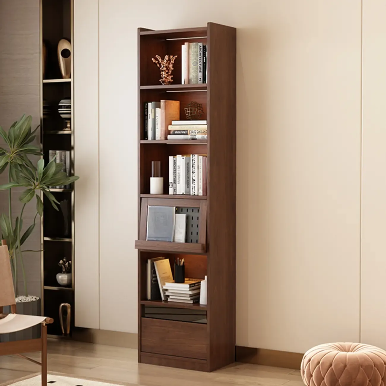 Mid Centyury Tall Brown Vertical Wood Bookcase with Drawers Image - 5