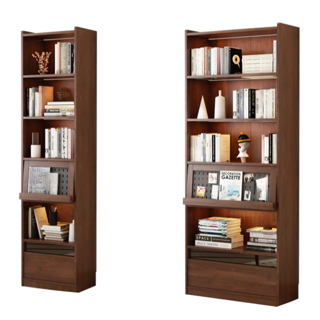 Mid Centyury Tall Brown Vertical Wood Bookcase with Drawers Image - 6 | homeyfad