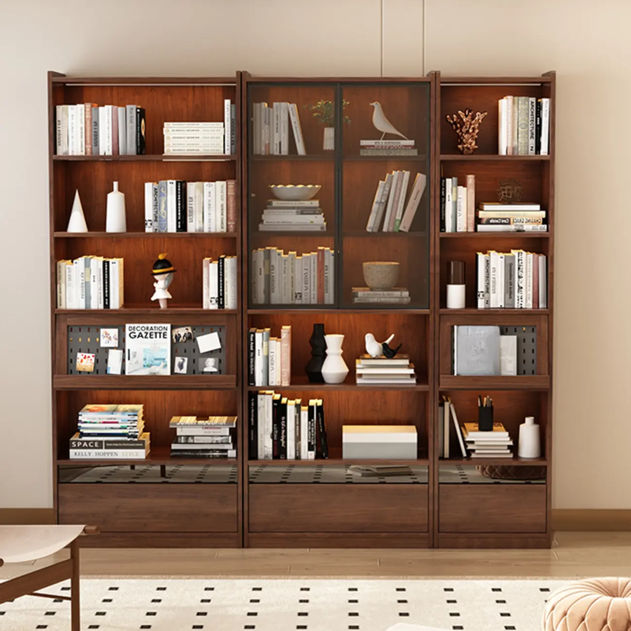 Mid Centyury Tall Brown Vertical Wood Bookcase with Drawers Image - 7 | homeyfad