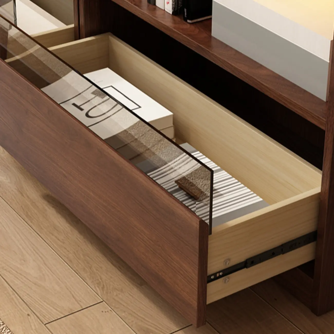 Mid Centyury Tall Brown Vertical Wood Bookcase with Drawers Image - 10 | homeyfad