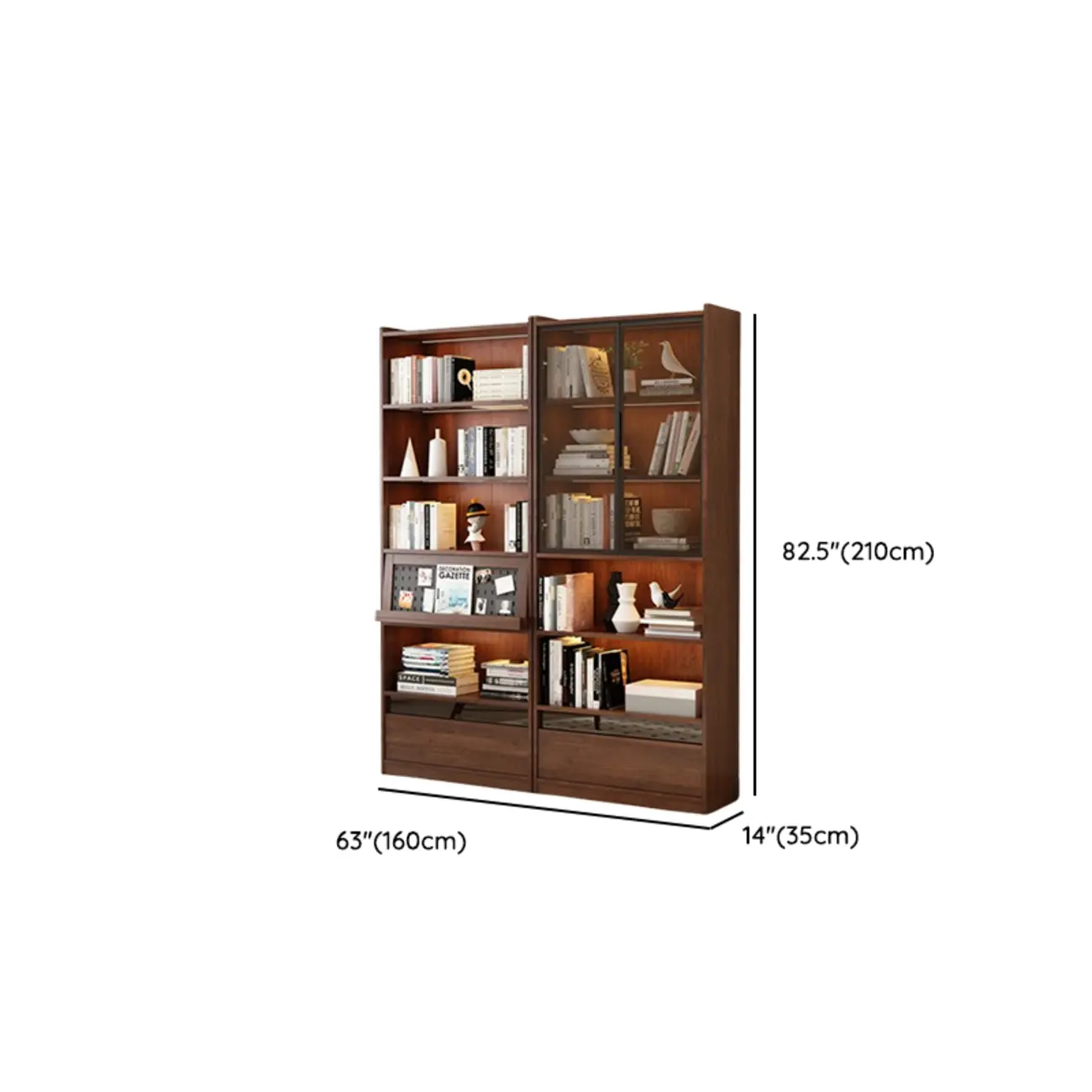 Mid Centyury Tall Brown Vertical Wood Bookcase with Drawers #size | homeyfad