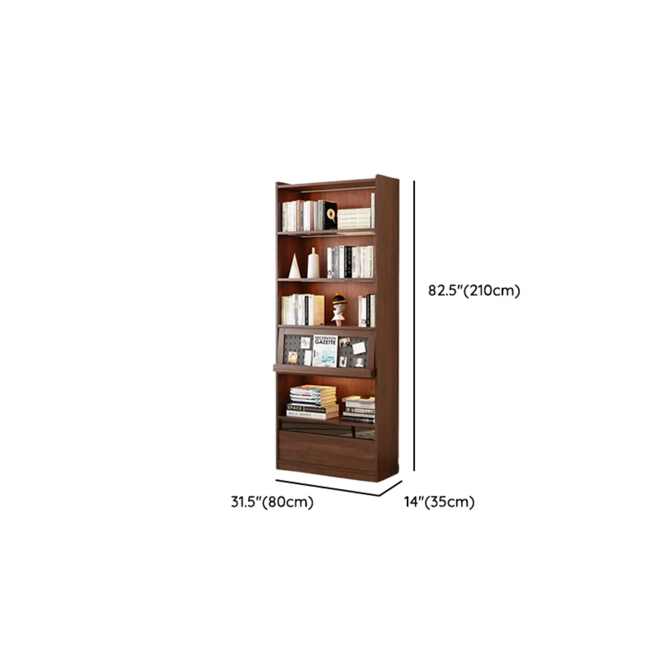 Mid Centyury Tall Brown Vertical Wood Bookcase with Drawers Image - 13 | homeyfad