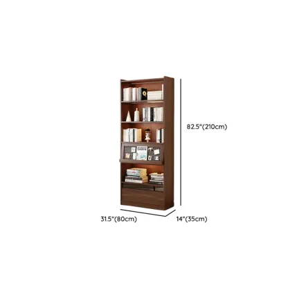 Mid Centyury Tall Brown Vertical Wood Bookcase with Drawers Image - 13