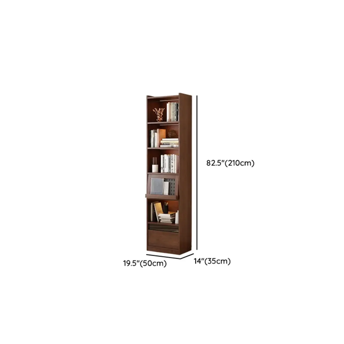 Mid Centyury Tall Brown Vertical Wood Bookcase with Drawers Image - 14