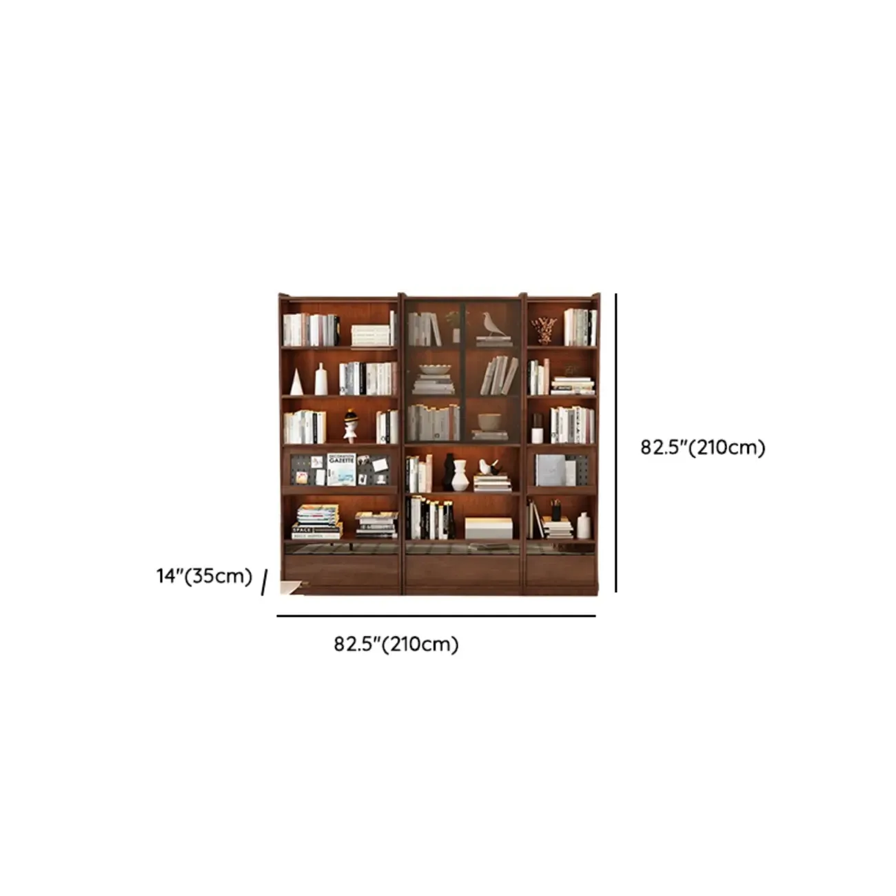 Mid Centyury Tall Brown Vertical Wood Bookcase with Drawers Image - 15