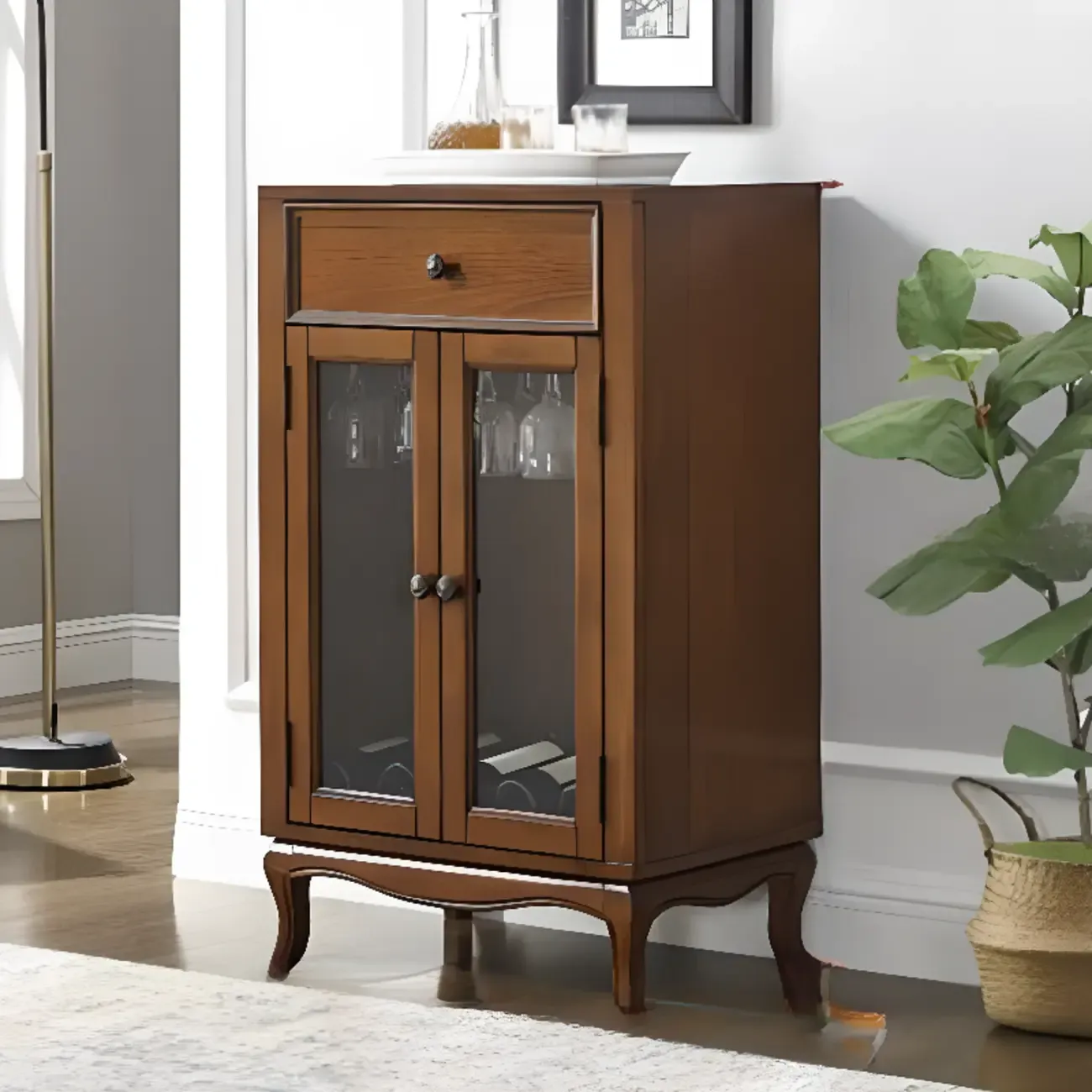 Rustic Wood Wine Cabinet with Bar Glass Holder Image - 3