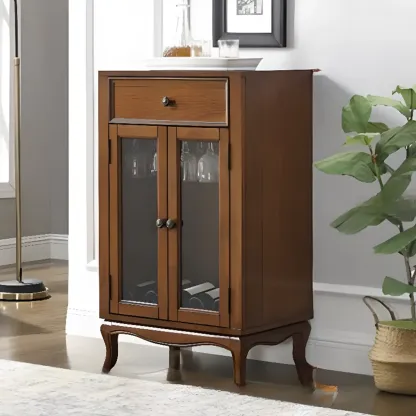 Rustic Wood Wine Cabinet with Bar Glass Holder Image - 3
