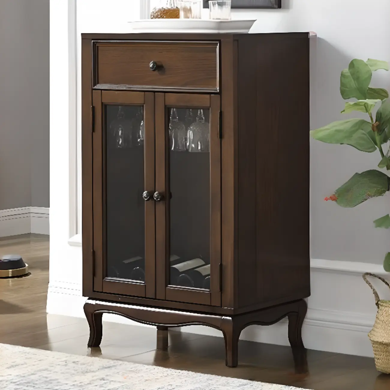 Rustic Wood Wine Cabinet with Bar Glass Holder Image - 5 | homeyfad