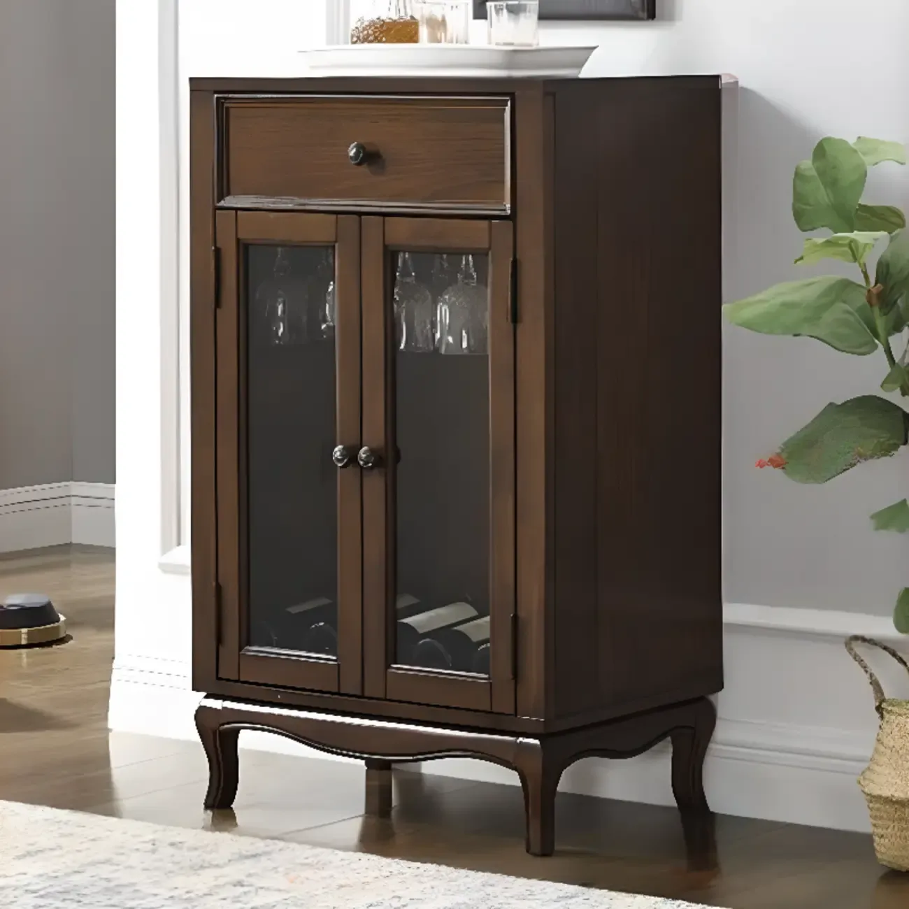 Rustic Wood Wine Cabinet with Bar Glass Holder Image - 5