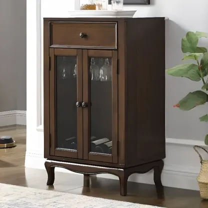 Rustic Wood Wine Cabinet with Bar Glass Holder Image - 5