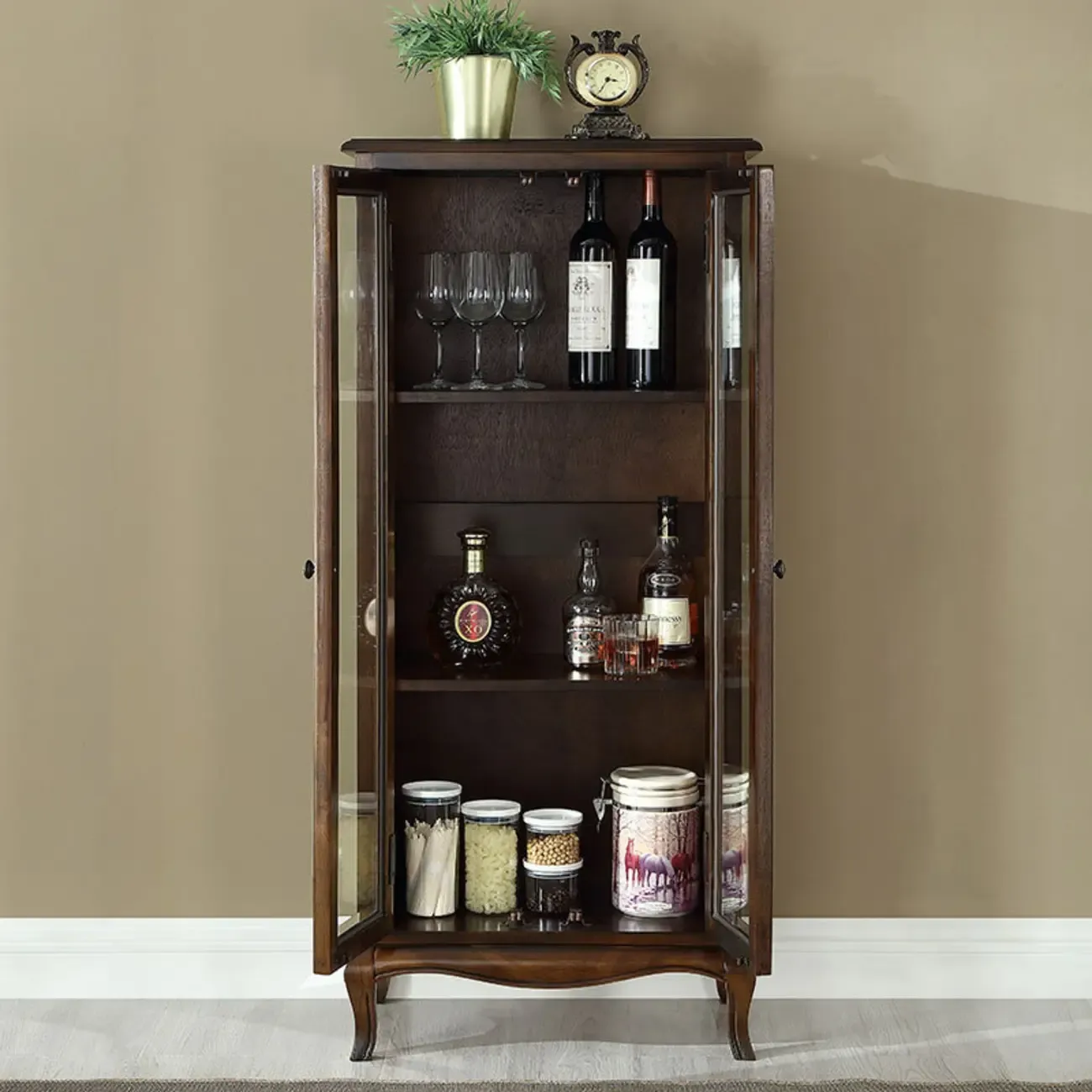 Rustic Wood Wine Cabinet with Bar Glass Holder Image - 6