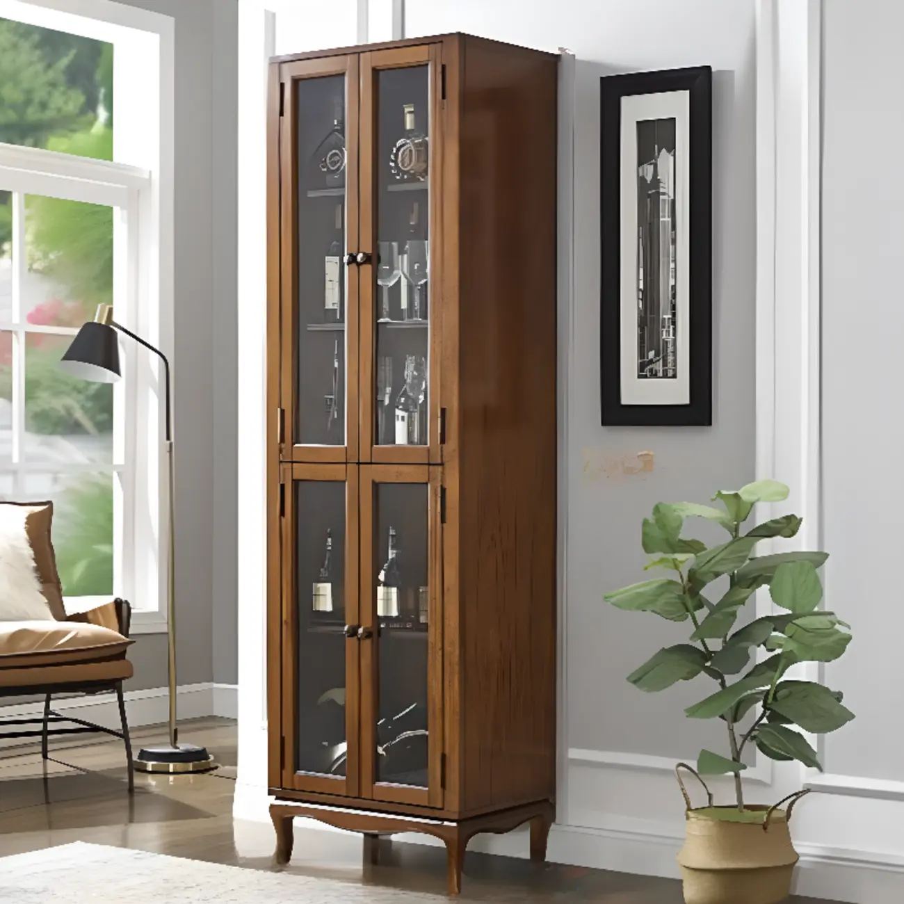Rustic Wood Wine Cabinet with Bar Glass Holder Image - 7 | homeyfad