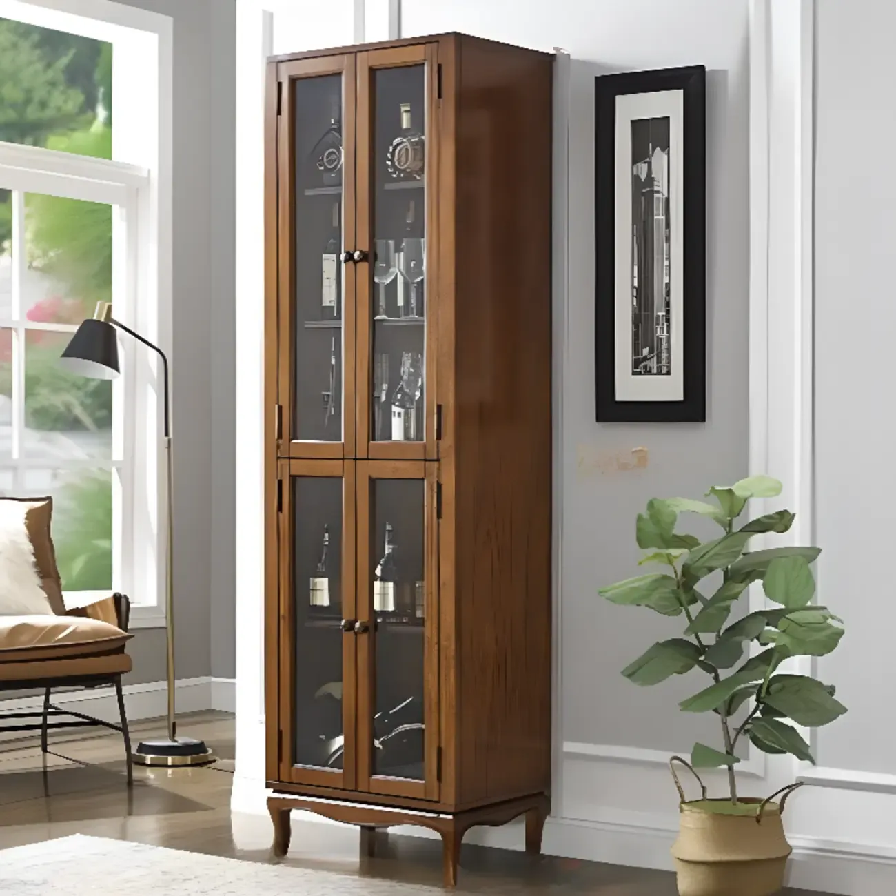 Rustic Wood Wine Cabinet with Bar Glass Holder Image - 7