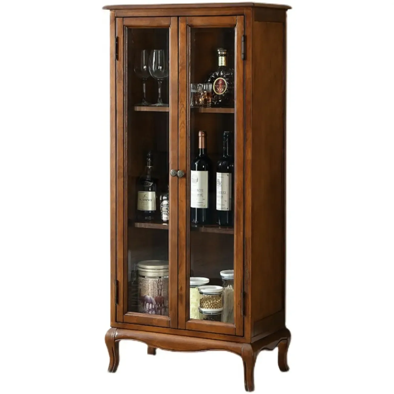 Rustic Wood Wine Cabinet with Bar Glass Holder Image - 8
