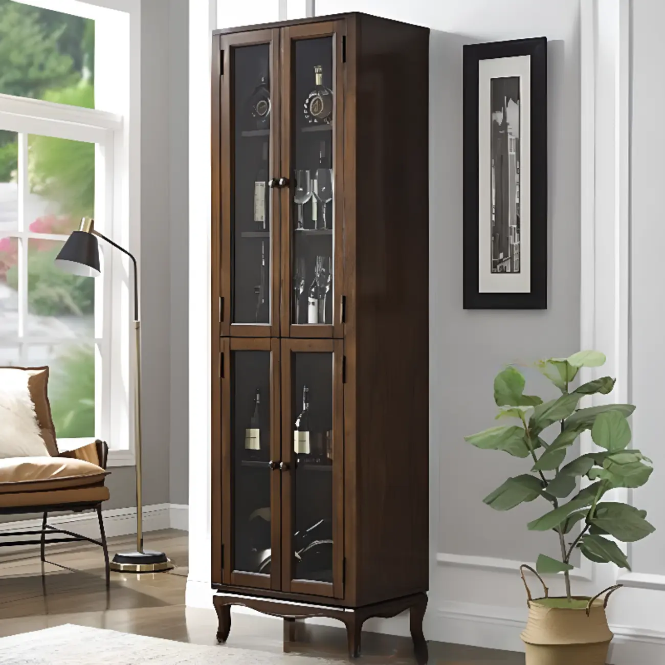 Rustic Wood Wine Cabinet with Bar Glass Holder Image - 9 | homeyfad