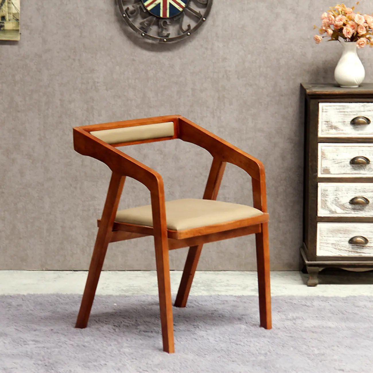 Mid-Century Modern Upholstered Arm Woodern Chair Open Back Image - 2 | homeyfad