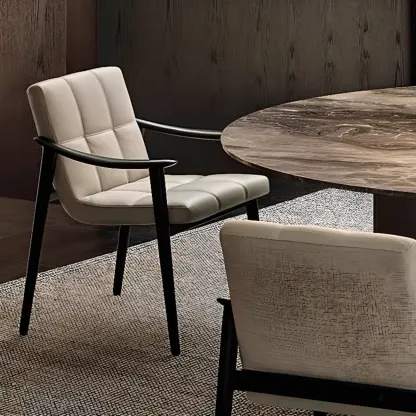 White Tufted Upholstered Wood Dining Chairs With Armrest Image - 1