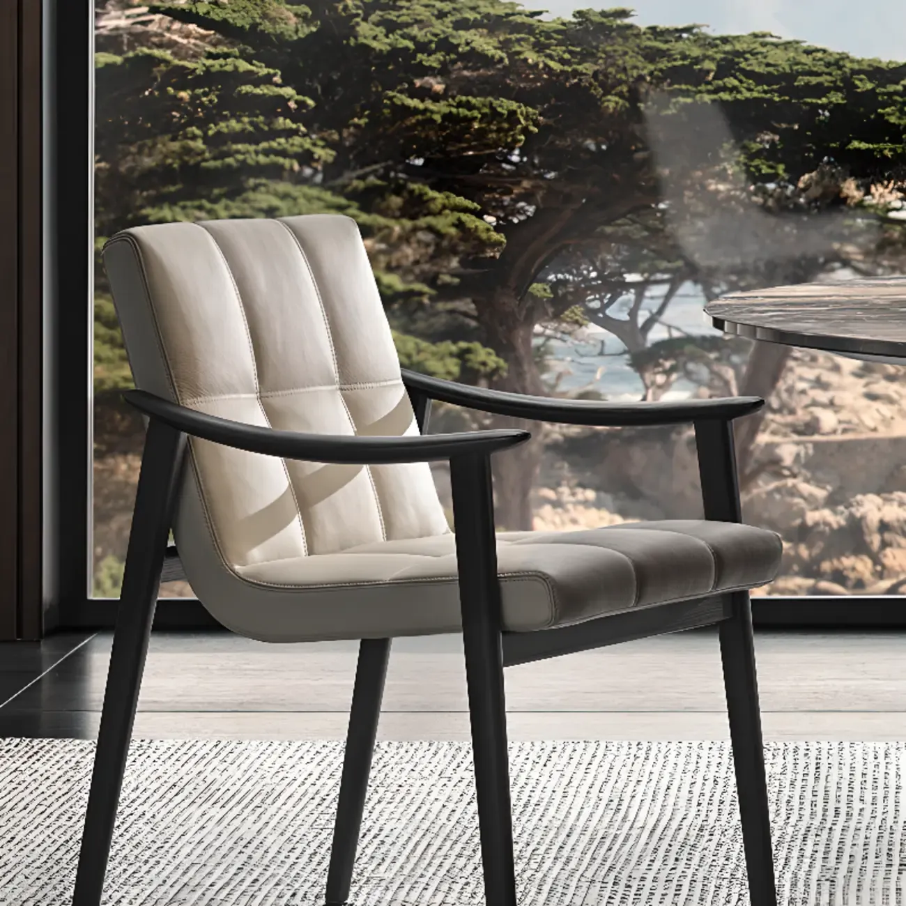 White Tufted Upholstered Wood Dining Chairs With Armrest Image - 4